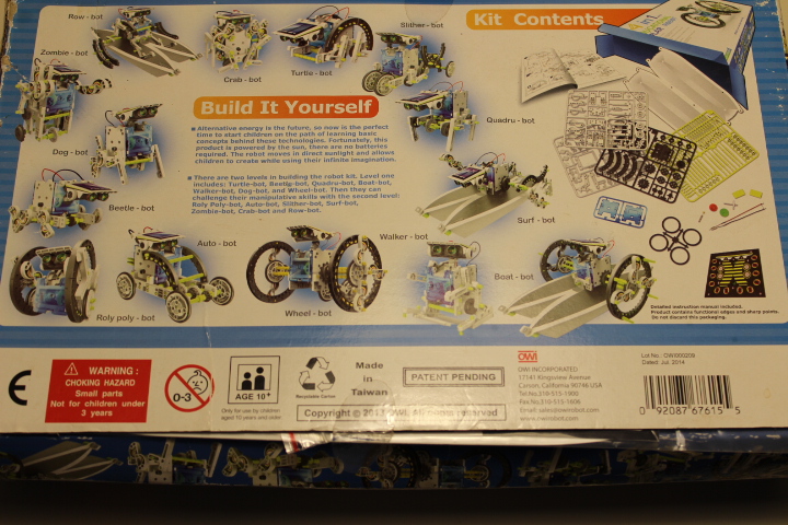 OWI 14-in-1 Solar Robot Kit: Back of Box